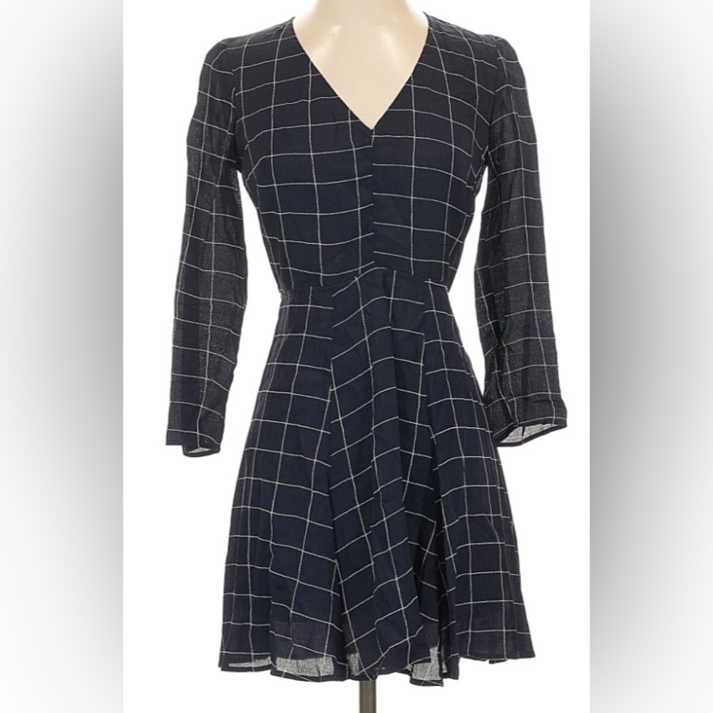 Reformation Navy Checkered Long Sleeve Dress